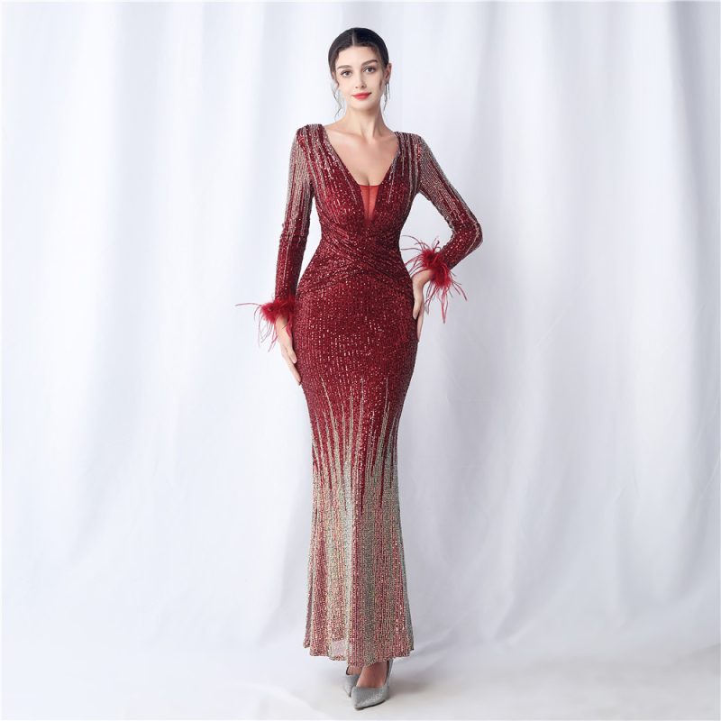 Ostrich Feather Gradient Sequin Long Sleeve Dress