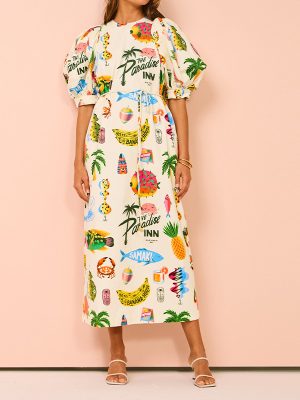 Women's Mid Length Printed Puff Sleeve Belt Dress