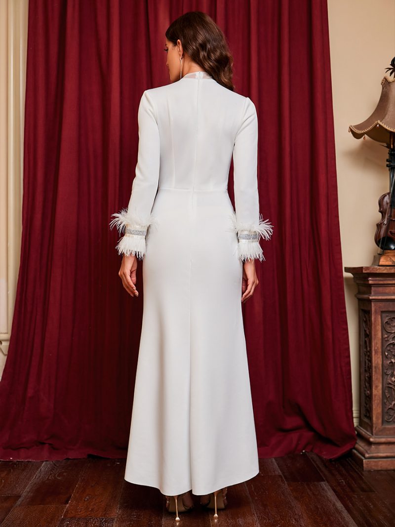 Women’s Rhinestone Deep V Feather Evening Dress - Image 4