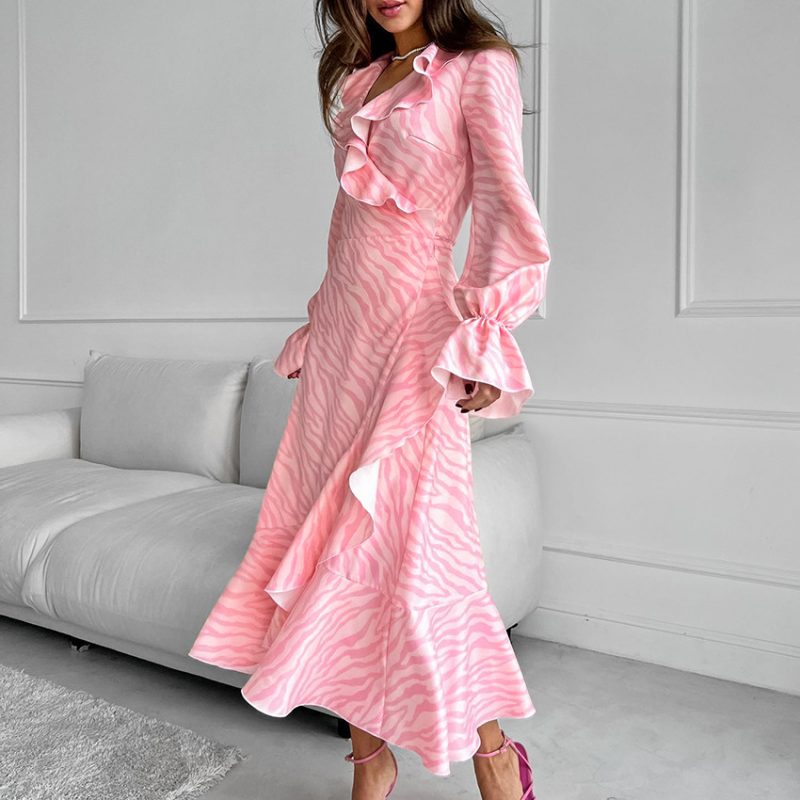Elegant Pink Ruffled V-Neck Fishtail Maxi Dress - Image 3