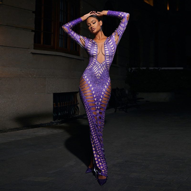 Ripped Skinny Sheath Rhinestone Printed Dress - Image 2
