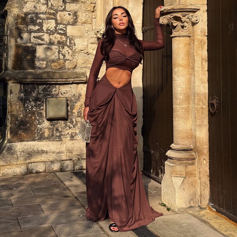 Fall Women’s High Collar Cutout Split Maxi Dress
