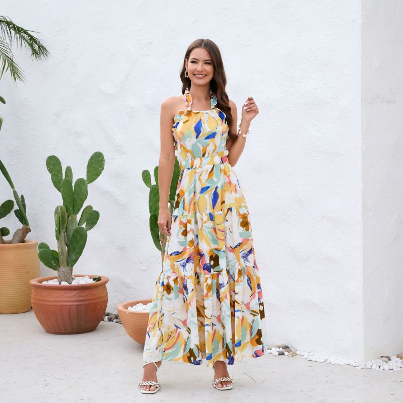 Elegant Ruffled Halter Sleeveless Backless Printed Dress - Image 4