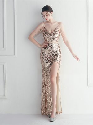 Women’s Beaded Colorful Sequin Long Evening Dress