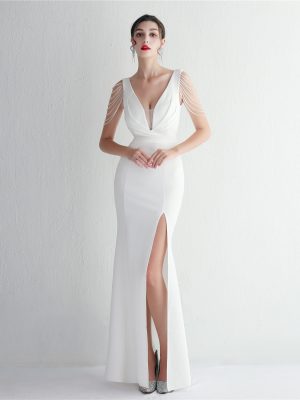 Annual Meeting Satin Beaded Long Evening Dress