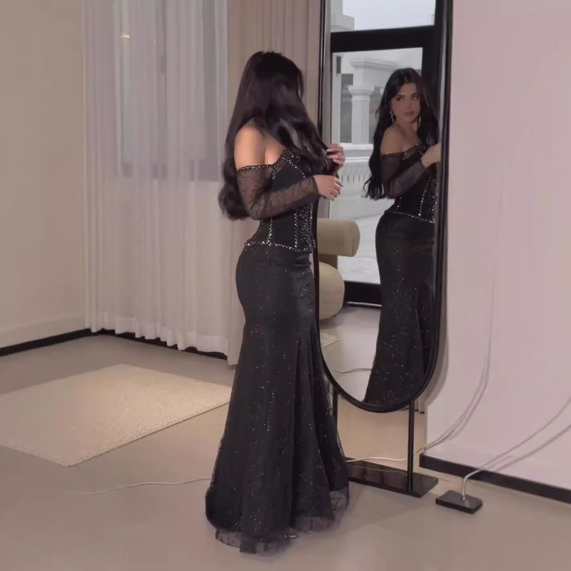 Women’s Elegant Rhinestone Mesh Cloak Evening Dress - Image 2