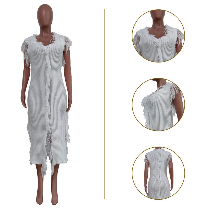 Women’s Casual Solid Knitted Sleeveless Tassel Dress - Image 2