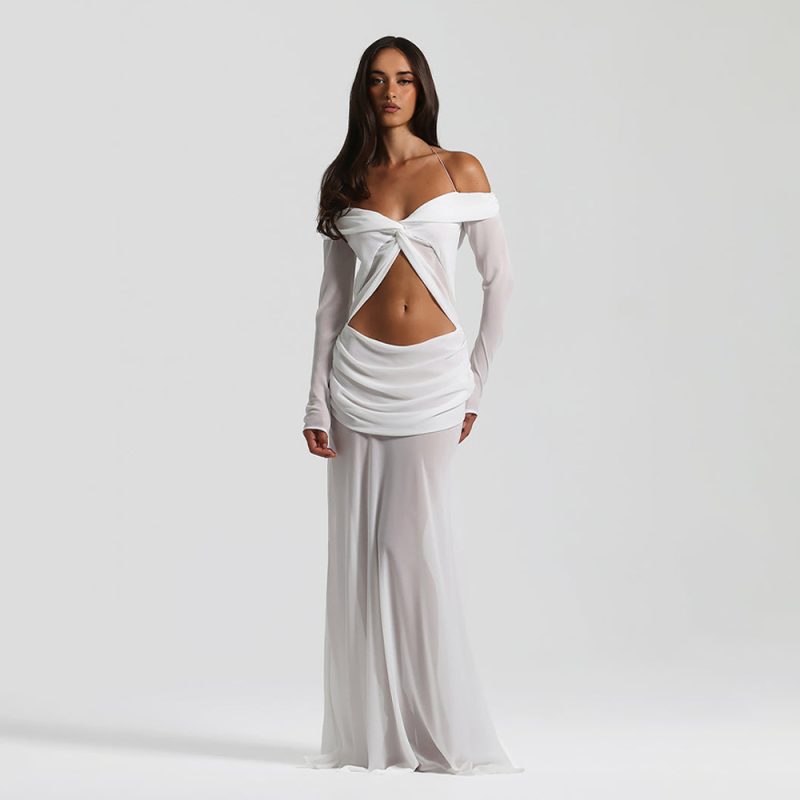 Summer Twisted Chiffon Off Shoulder Pleated Maxi Dress - Image 3