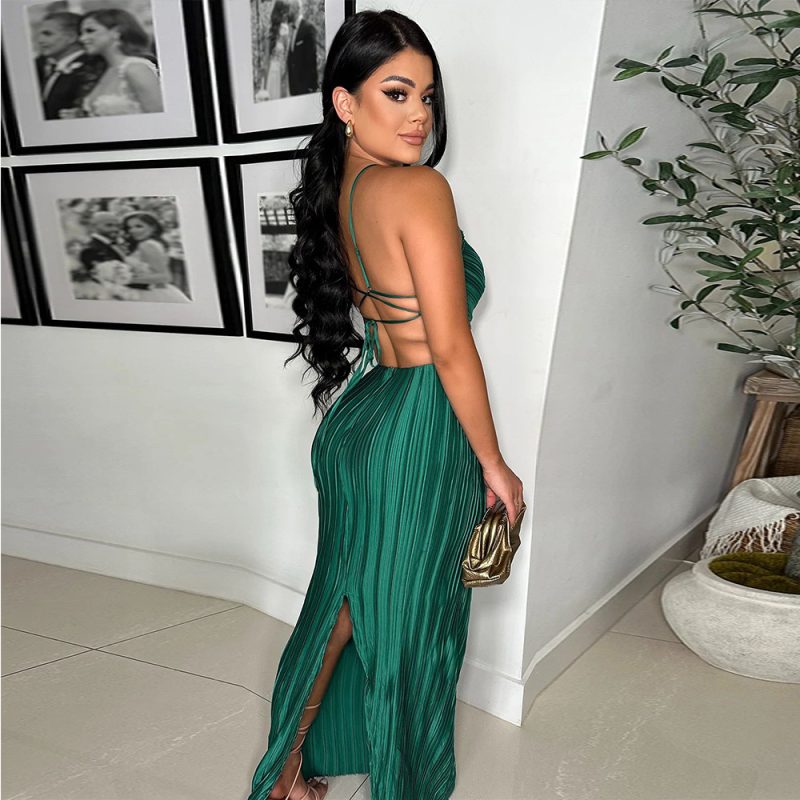 Women’s Pleated Lacing Evening Dress with Slit - Image 3