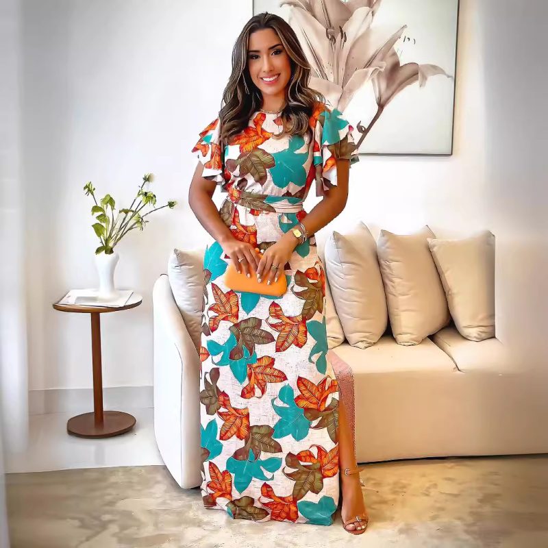 Round Neck Printed Dress with Lace Up Waist - Image 2