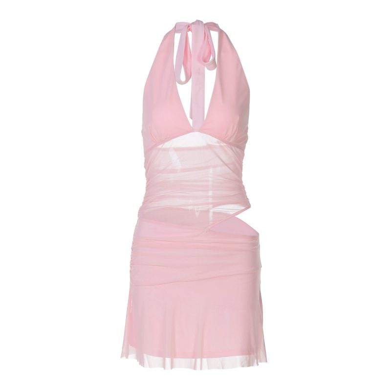 Deep V Plunge Mesh Cutout Halter Mini Dress - Image 4