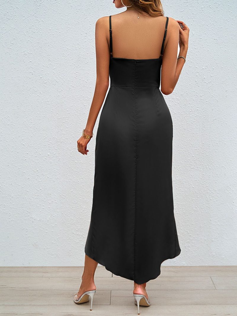 V Neck Backless Slit Solid Color Sling Dress - Image 3