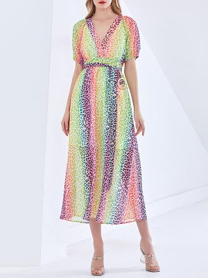 Summer V Neck Tie Dye Leopard A Line Dress
