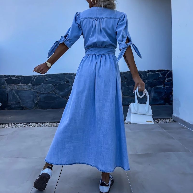 V Neck Button Front Long Denim Dress - Image 2