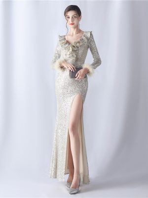 Women’s Ostrich Feather Sequin High-End Evening Dress