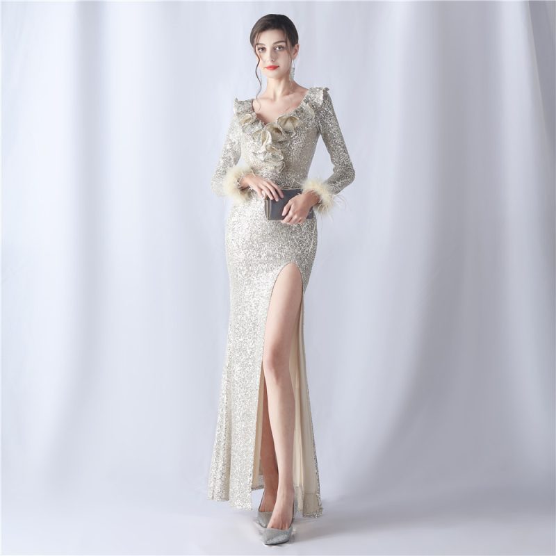Women’s Ostrich Feather Sequin High-End Evening Dress