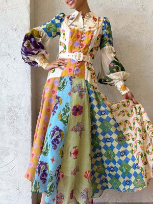 Autumn Graffiti Print Lantern Sleeve Waist Tie Dress