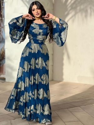 Spring Summer Women’s Bronze Print Chiffon Gown
