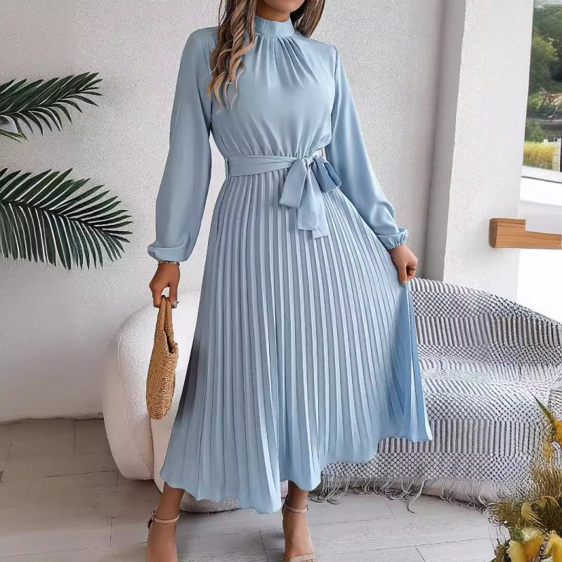 Autumn Winter Elegant Stand Collar Pleated Maxi Dress - Image 3