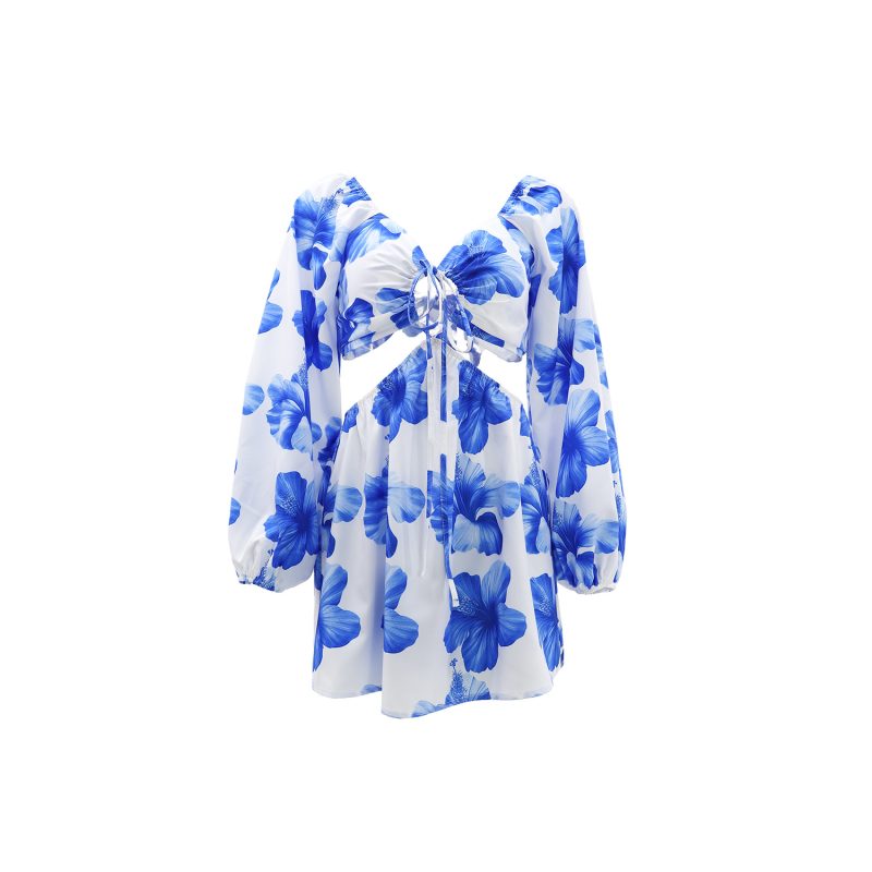 Women’s Holiday Printed Long Sleeve Drawstring Dress - Image 3