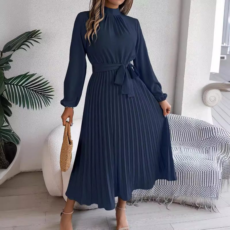 Autumn Winter Elegant Stand Collar Pleated Maxi Dress - Image 4