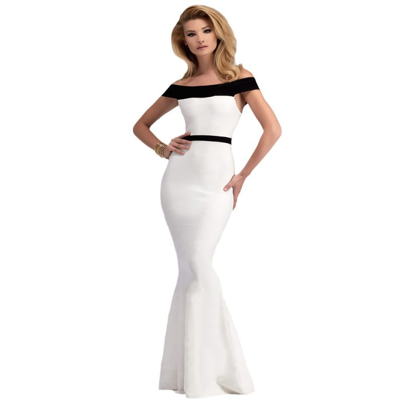 Colorblock Off-Shoulder Slim Fit Fishtail Dress - Image 3