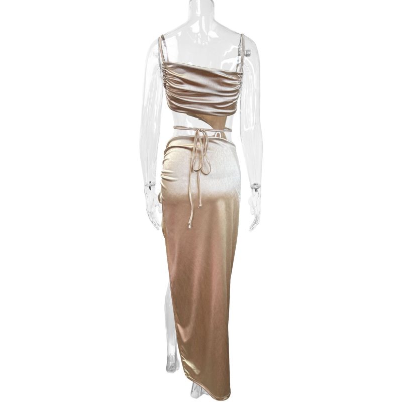Summer Pleated Off-Shoulder Backless High-Slit Maxi Dress - Image 4