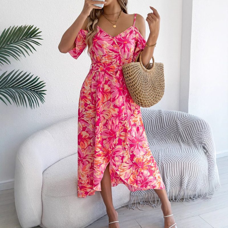 Spring Summer Strapless Cross V-Neck Floral Dress