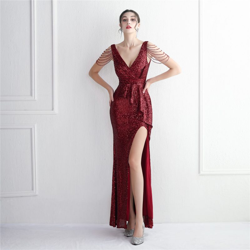 Women’s Handmade Beaded Sequined Long Fishtail Dress" - Image 4