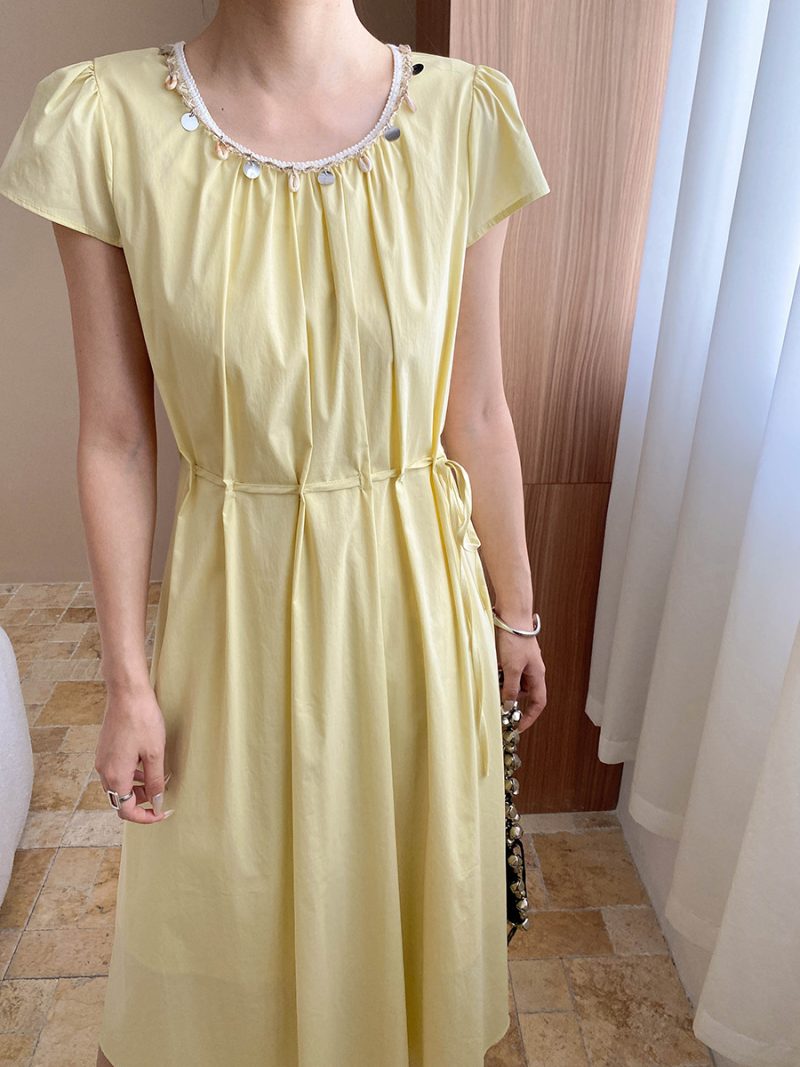 Beaded Round Neck Lace-Up Waist A-Line Dress - Image 3