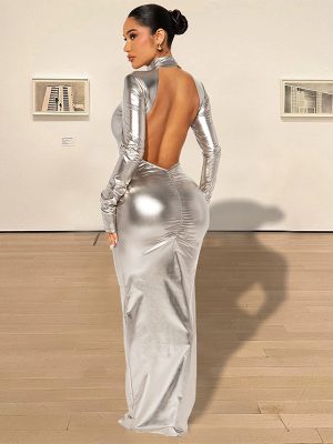 Women’s Autumn Winter Metallic Backless Slim Dress