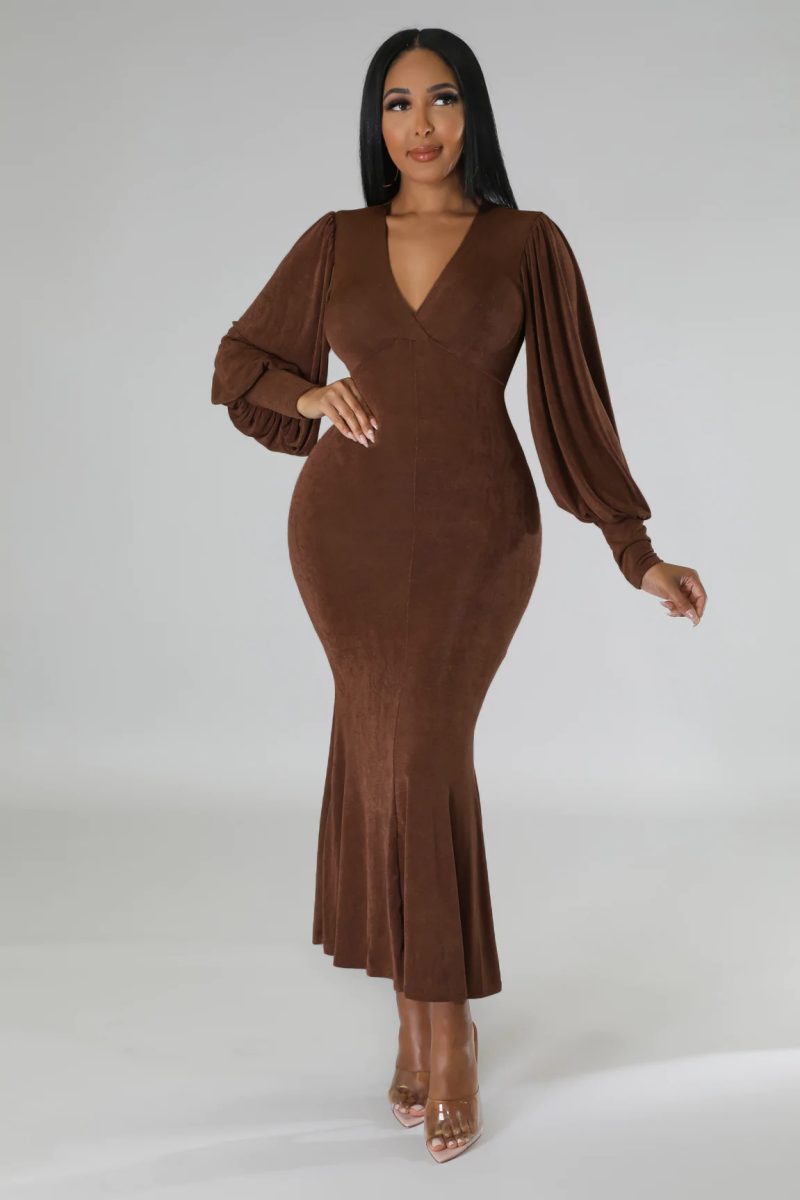 Women’s Long Sleeve Slim Waist V Neck Dress - Image 3