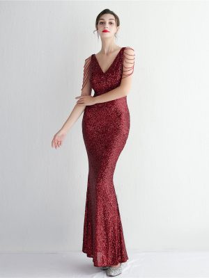 Sequin Beaded Long Cocktail Slim-Fit Evening Dress