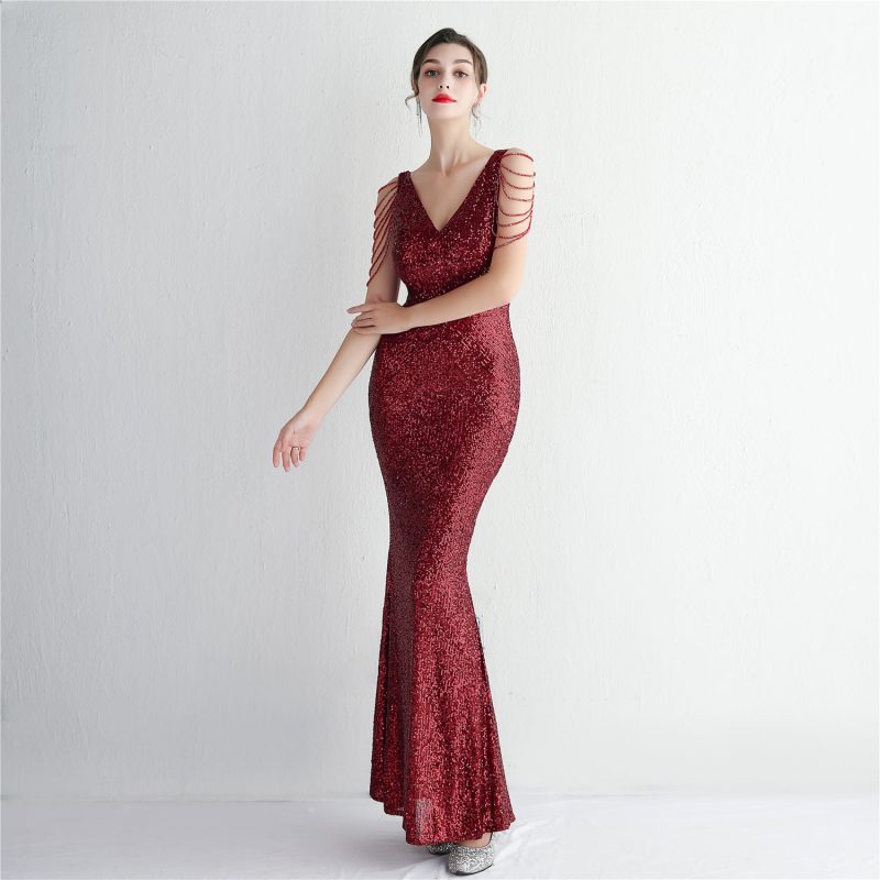 Sequin Beaded Long Cocktail Slim-Fit Evening Dress