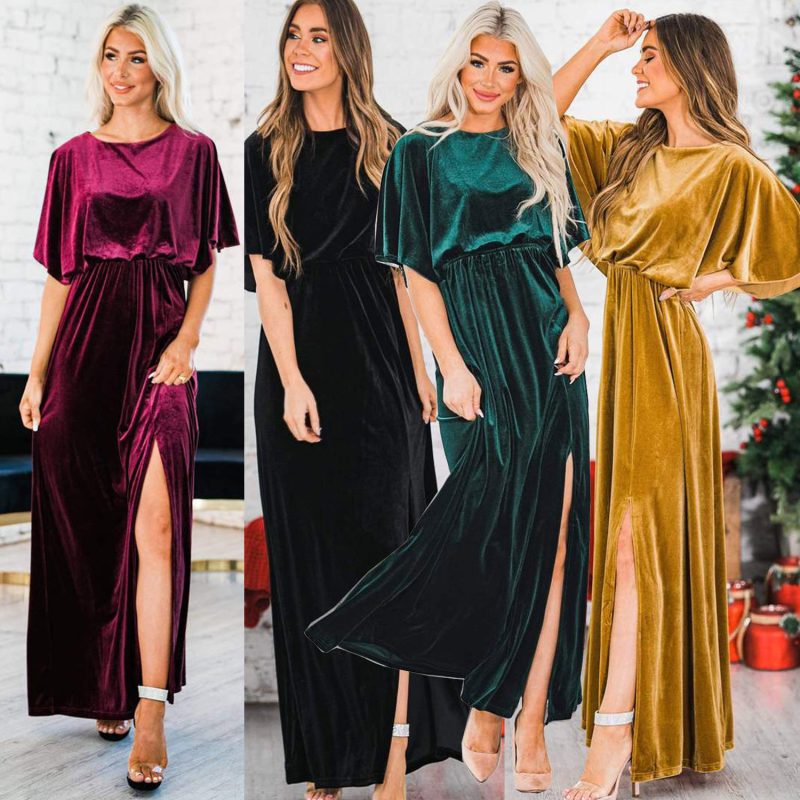 Elegant Women’s Velvet High Slit Evening Dress - Image 4