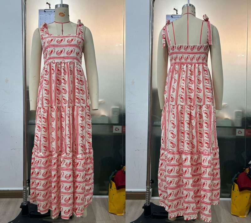 Vacation Printed Contrast Color Lace-Up Sling Dress - Image 4