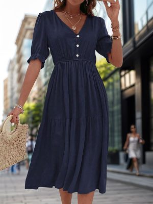 Summer V Neck Solid Color Waist Dress