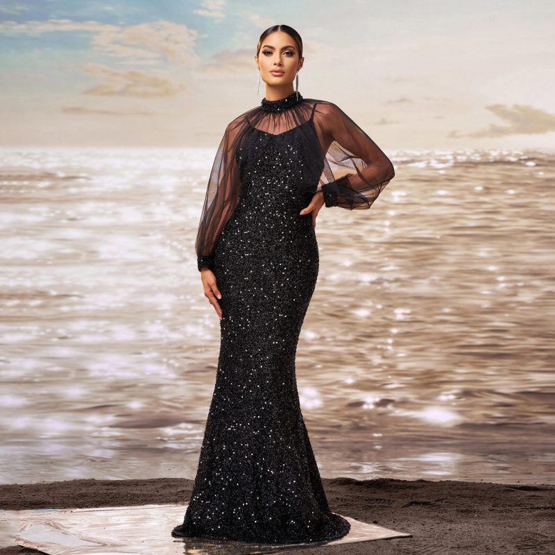 High-End Sequined Fishtail Long Sleeve Evening Dress - Image 3