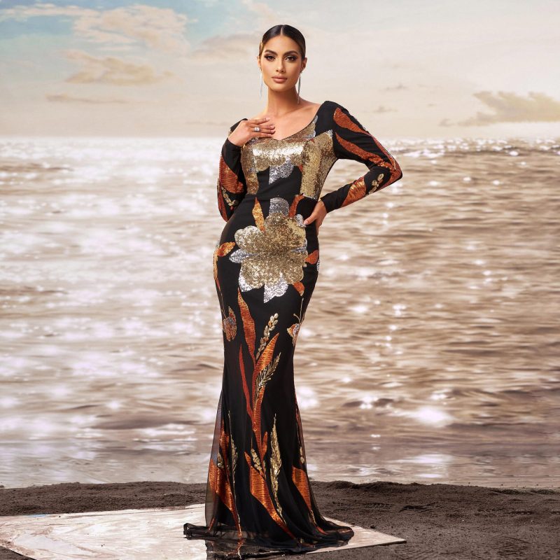 Women’s Sequin V-Neck Long Sleeve Fishtail Dress - Image 4