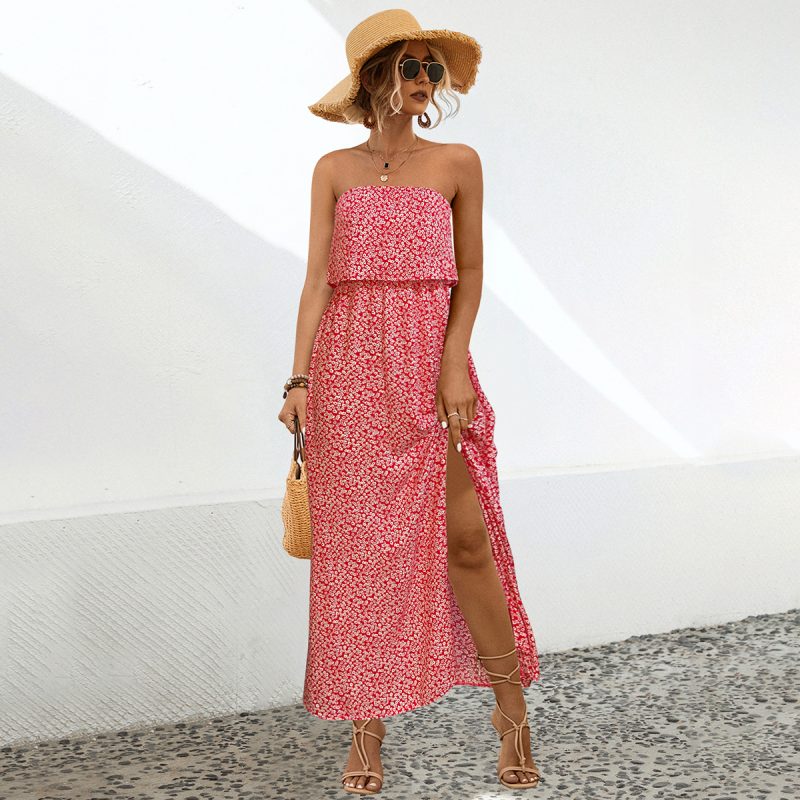 Spring Summer Floral Tube Top Split Maxi Dress - Image 2