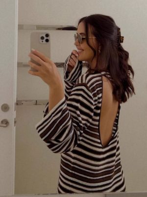 Backless Striped Knit Long Sleeve Boho Dress