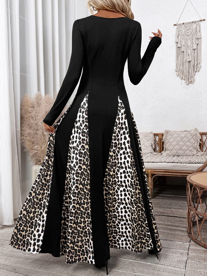 Retro Leopard Splicing High Waist A Line Dress - Image 3