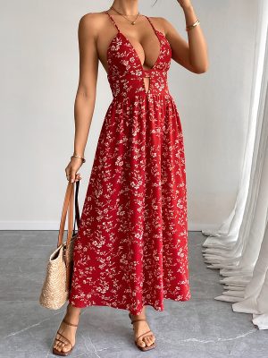 Retro V-Neck Sweet Floral Slim Maxi Dress