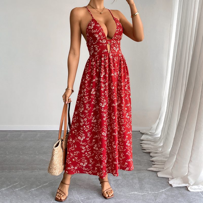 Retro V-Neck Sweet Floral Slim Maxi Dress