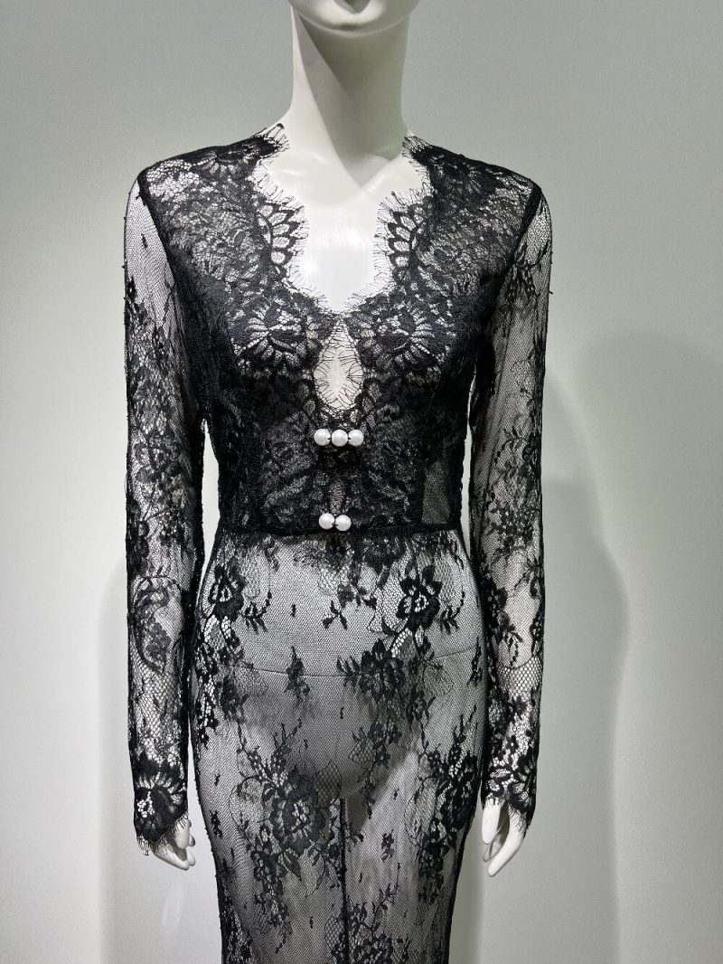 Women’s Black V-Neck Lace Slim Evening Dress - Image 4