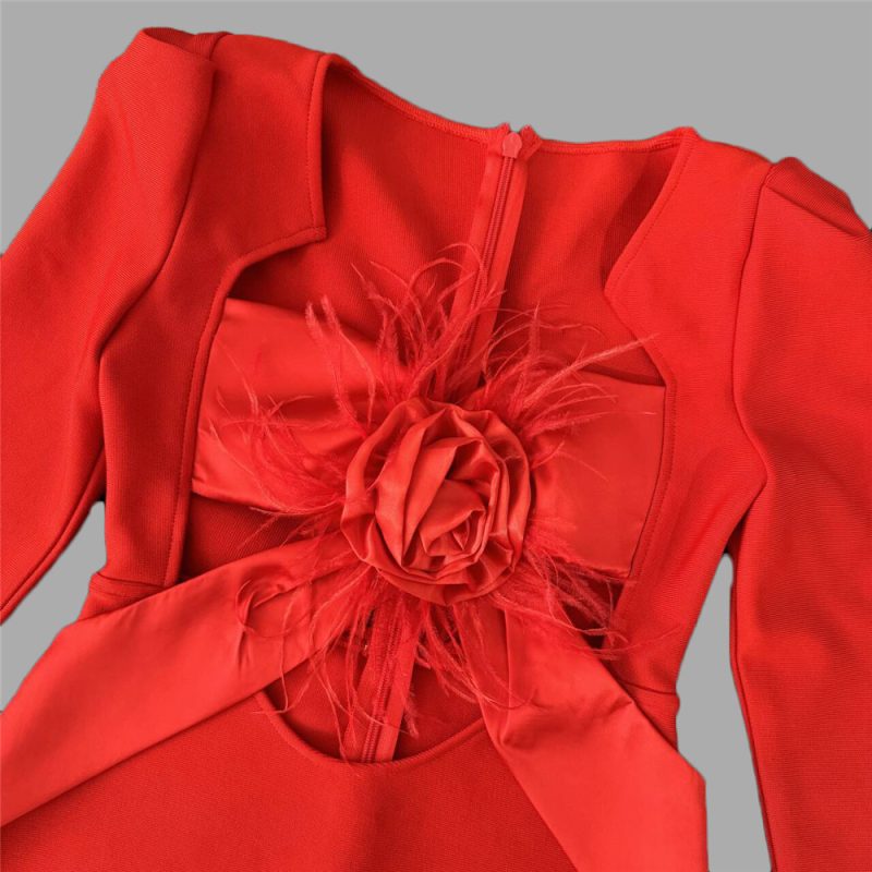 Cutout Feather Long Sleeve Bandage Formal Dress - Image 3