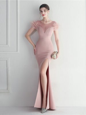 Feather Mesh Rhinestone Star Red Carpet Dress