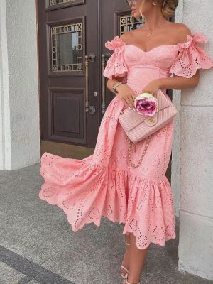 Fall Off Shoulder Polka Dot Maxi Dress