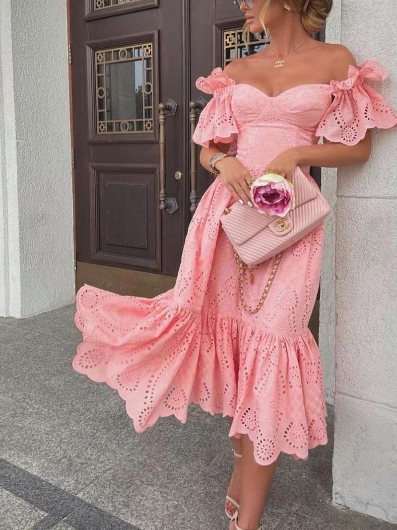 Fall Off Shoulder Polka Dot Maxi Dress