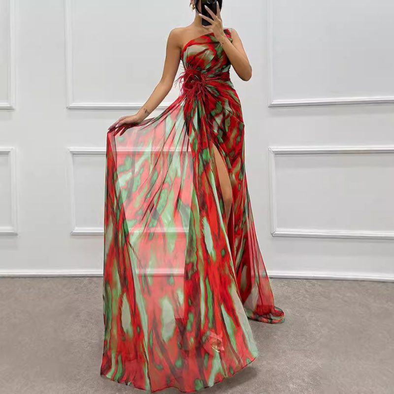Chiffon Floral Print Long Slit Party Dress